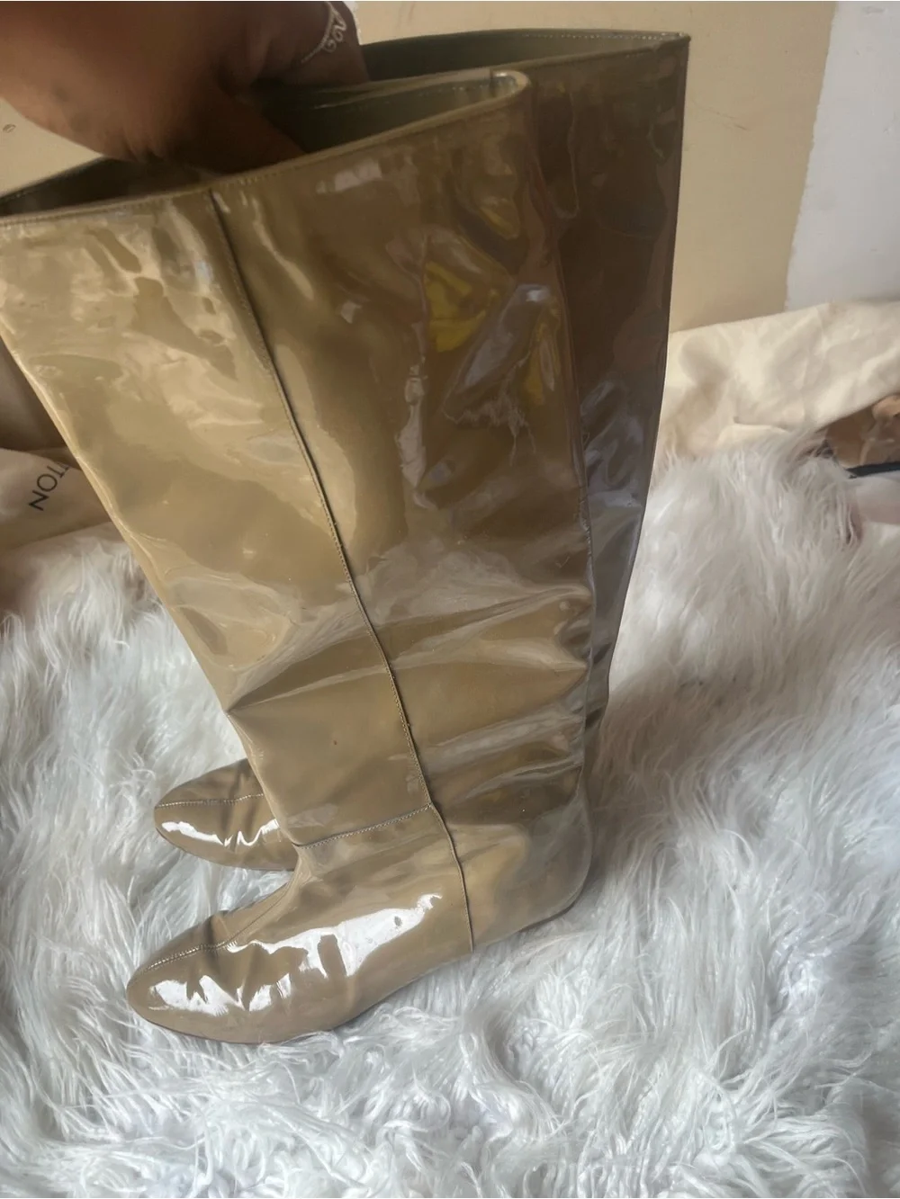 Loeffler Randall Glossy Patent Over-the-Knee Boots in Beige